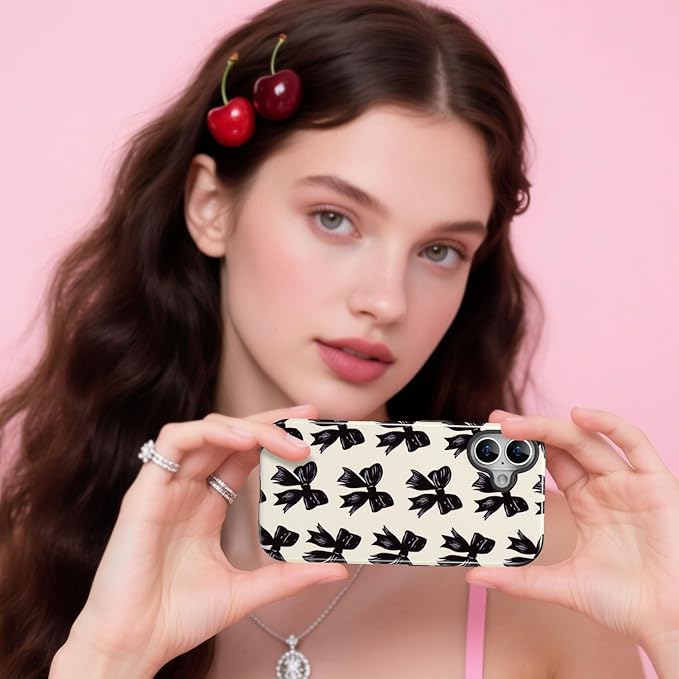 QLTYPRI Case for iPhone 16, Aesthetic Black Ribbon Bow Phone Case for Girls Women, Protective Hybrid 2-Layer Hard Shell Silicone Cover Durable Shockproof Phone Cover - Beige