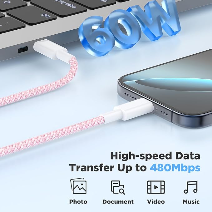 3Pack 20W USB C Wall Charger Block, USB C Charging Adapter,Super Fast Charging Power Plug Cub for iPhone 16/15,i-Pad Pro,Galaxy S25,and More-White+Pink
