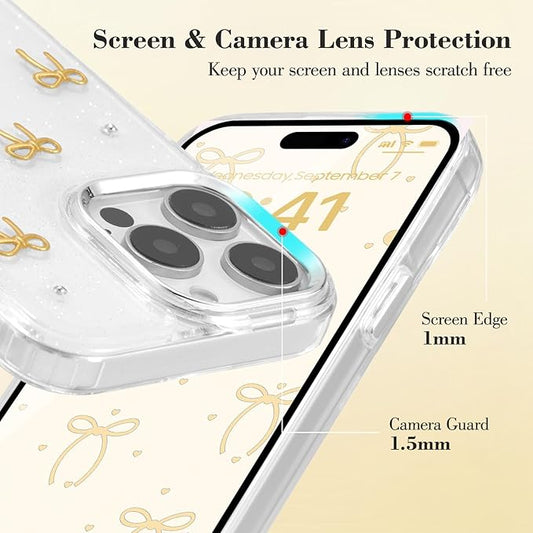 EYZUTAK Case for iPhone 13 Pro Max, Bling Glitter 3D Bowknot Phone Case Cute Sparkly Crystal Clear Bow Aesthetic Design Case Slim Soft Durable TPU Transparent Protective Cover for Women Girls-Gold Bow