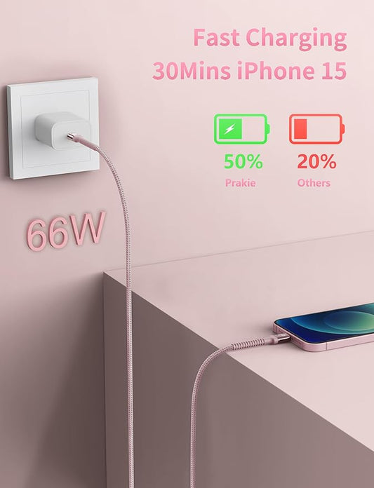 USBC Cable 10FT, 2Pack Long USBC Fast Charging Cable, Nylon Braided USB C to USB C iPhone Charger Cord Compatible with iPhone 17/16/15/Pro Max/Plus/Samsung Galaxy S23/LG/Switch-Pink