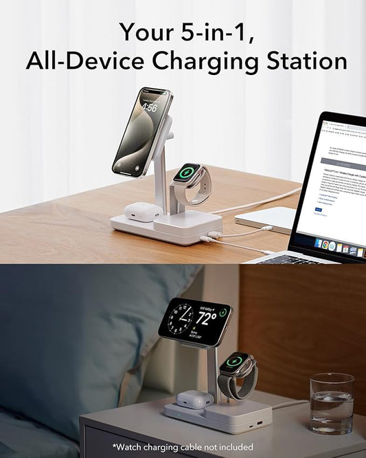 ESR 65W 4-in-1 GaN Wireless Charging Station(5-in-1 Stand), Designed for MagSafe Charger Stand, Magnetic Wireless Charger for iPhone 17/16/15/14/13, AirPods Pro/3/2, and USB A/C Devices, White