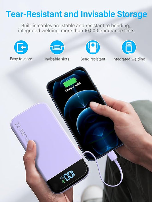 Portable Charger 32000mAh, 22.5W QC 3.0 PD 20W Smart LED Display Fast Charging Built in Cables Power Bank, External Battery Pack Charge 5 Devices Compatible with Cellphones (Purple)