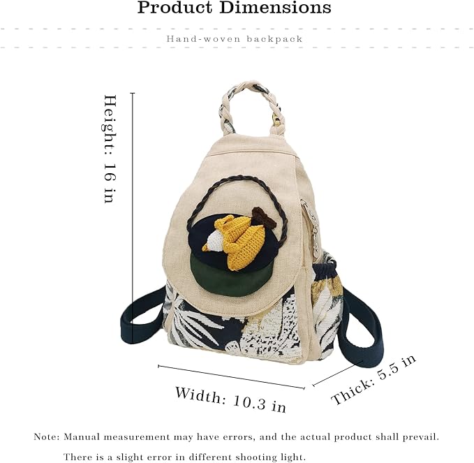 HUANGGUOSHU Women Cotton Woven Bohemian Hemp Boho Canvas Embroidery Multi Pocket Retro Cute Backpack Wallet Backpack(Corn)