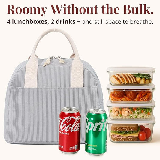 Insulated Lunch Bag for Women Men, Stylish Corduroy Tote Bag with Aluminum Lining, Large Capacity Reusable Cooler for Work, Travel, or Beach, Cloud Gray Lunch Box