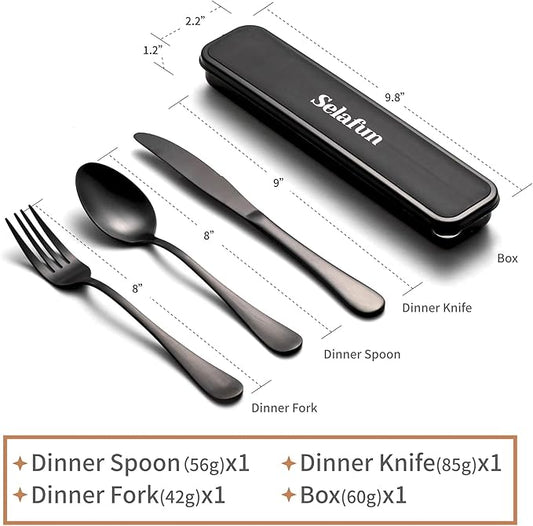 4-pieces Travel Set with Case Portable Silverware Utensils Set for work, Stainless Steel Reusable Flatware Set Cutlery Set for Camping Picnic Hiking Office (8inch, Matte Black)
