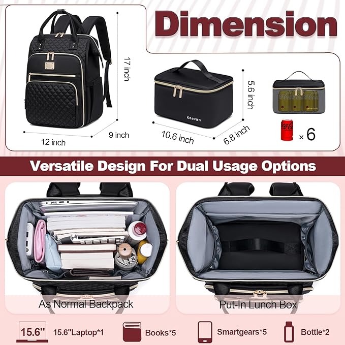 Lunch Backpack for Women, 15.6 inch Laptop Backpacks for Womens, Work Backpacks with Lunchbox,Insulated Back pack Cooler,Teacher Nurse Travel Backpack for Women