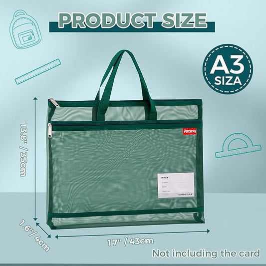 Pendancy Mesh Zipper Pouch A3 Size, Large Double Pocket Lightweight Nylon Transparent File Bag with Handle, 13x17 in Foldable Document Storage for Puzzle Project/Cross Stitch/Travel/Office (Green)