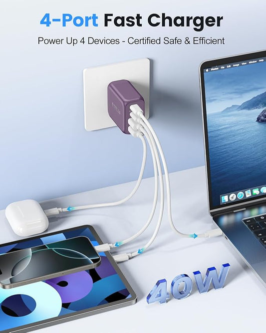 40W USB C Charger Block, 2-Pack 4-Port Fast Charging Block Power Adapter, Dual PD & QC Type-C Multiport Wall Charger for iPhone 16 15 14 13 12 11 Pro Max, Samsung, Tablets