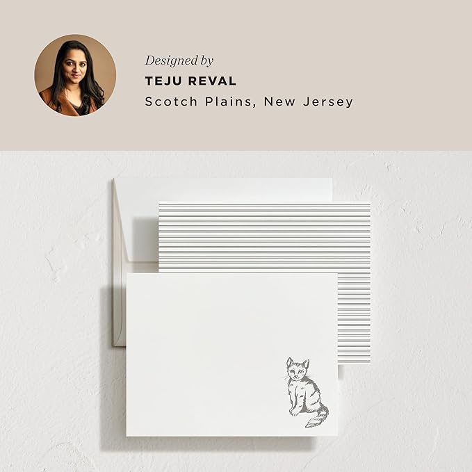 Minted Furry Friend Stationery Set, Set of 10, Flat Note Cards & Envelopes for Invitiations and Handwritten Thank You Messages, Black & White Cat, Gifts for Men & Women, Pet Lovers, Luxurious Paper