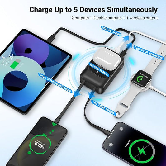 Magnetic Wireless Power Bank 26800mAh, PD 22.5W Type-C Fast Charging Portable Charger 5 Outputs, Battery Pack for Magsafe Built in Cables with Stand LED Display for iPhone 16/15/14/13/12 Series-Black