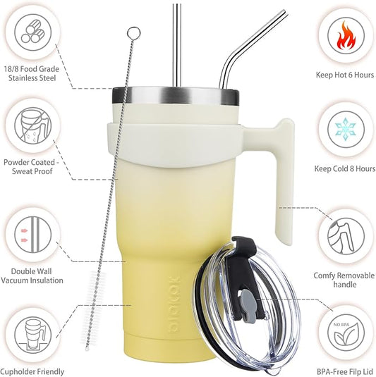 BJPKPK Tumbler With Handle And Straw Lid 20 oz Stainless Steel Insulated Coffee Tumbler Cups For Home, Office or Car,Lemon