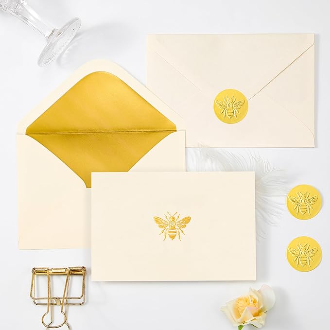 Crisky 50 Pack Blank Cards and Envelopes 4x6, Embossed Gold Foil Bee Blank Greeting Cards Bulk for Wedding, Bridal Shower, Baby Shower, Birthday Party Decoration Favors