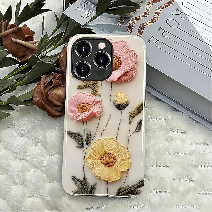 Case for iPhone 14 Pro Max Case,Faux Embroidery Boho Floral Design - Hybrid Dual Protection Silicone + Hard PC Shockproof Full Body Cover Slim Anti-Scratch Protective Case for Men Women