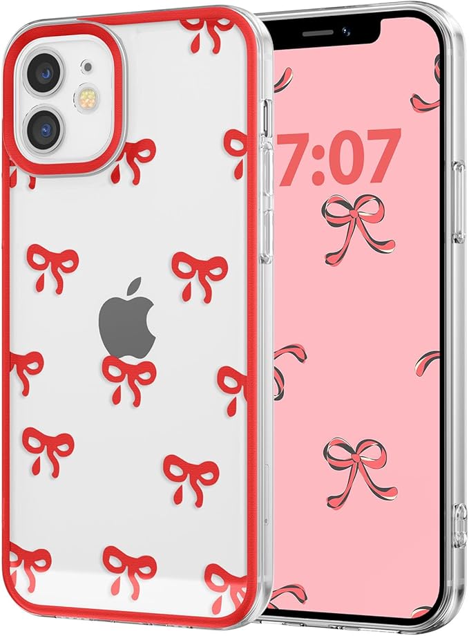EYZUTAK Case for iPhone 11, Clear Cute Ribbon Bowknot Pattern Aesthetic Transparent Phone Case Raised Camera Protection Stylish Slim Soft Durable TPU Protective Cover for Women Girls - Red