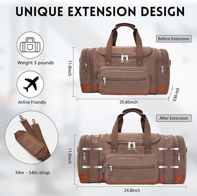 Men'S Duffle Bag For Travel, Expandable Canvas Duffel Bags Overnight Weekend Gym Carry On Luggage Bag For Men(Coffee)