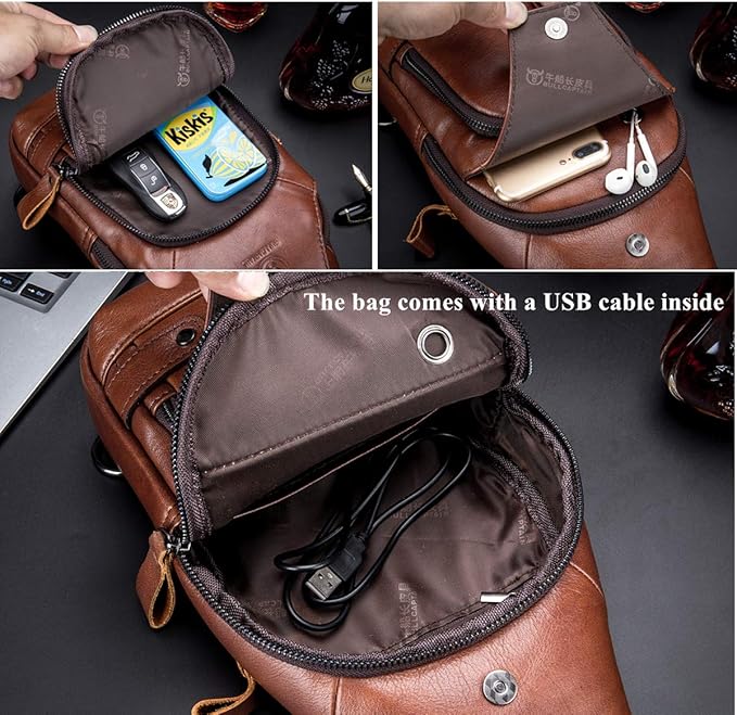 BULLCAPTAIN Genuine Leather Sling Bag with USB Charging Port Multi-pocket Chest Bag for Men Hiking Travel Daypack XB-129