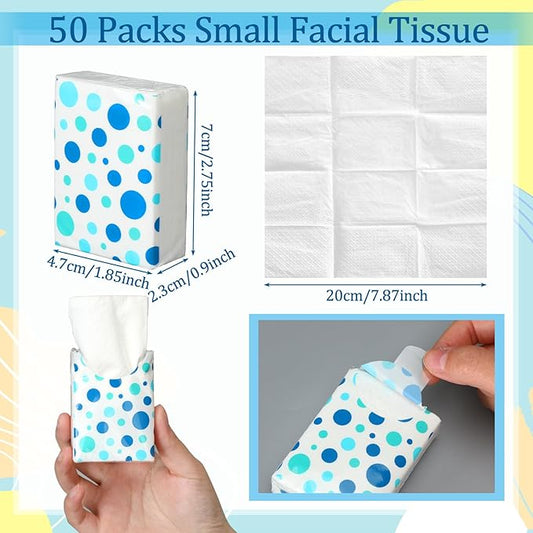 Ctosree 50 Pack Pocket Tissues Travel Packs Bulk 500 Sheet Small Tissues Pocket Packs 3 Ply Mini Travel Size Individual (Blue Random Dots)