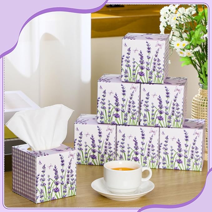 12 Pack Summer Lavender Facial Tissues Cube Boxes 600 Sheets 3 Ply Small Purple Flower Floral Face Tissues Bulk for Summer Car Bedroom Supplies
