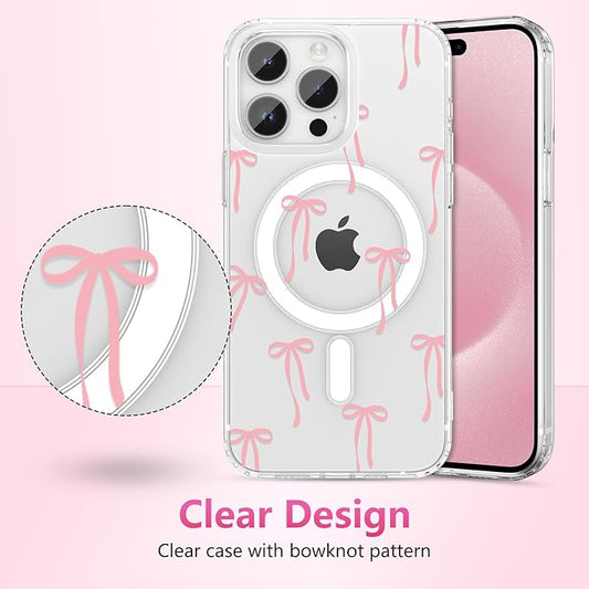 ZTOFERA for iPhone 15 Pro Max Magnetic Case Clear,Cute Love Heart Ribbon Bow Tie Aesthetic Phone Case,Transparent Trendy Slim Soft Shockproof Protective Phone Cover for Women Girls,Pastel Pink