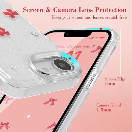 EYZUTAK Case for iPhone 16e, Bling Glitter 3D Bowknot Phone Case Cute Sparkly Crystal Clear Bow Aesthetic Design Cover Slim Soft Durable TPU Transparent Protective Cover for Women Girl - Red Bow