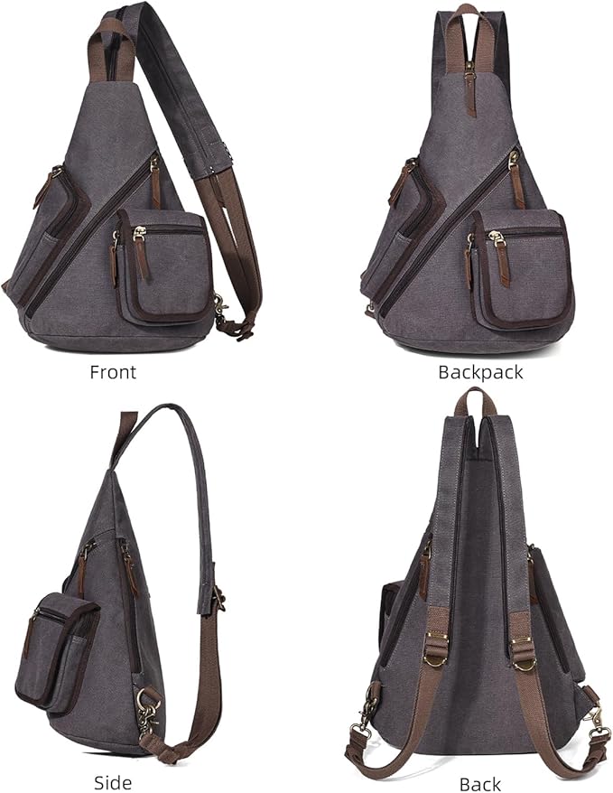 KL928 Canvas Sling Bag - Casual Crossbody Shoulder Daypack Rucksack Backpack for Men Women, Dark Grey