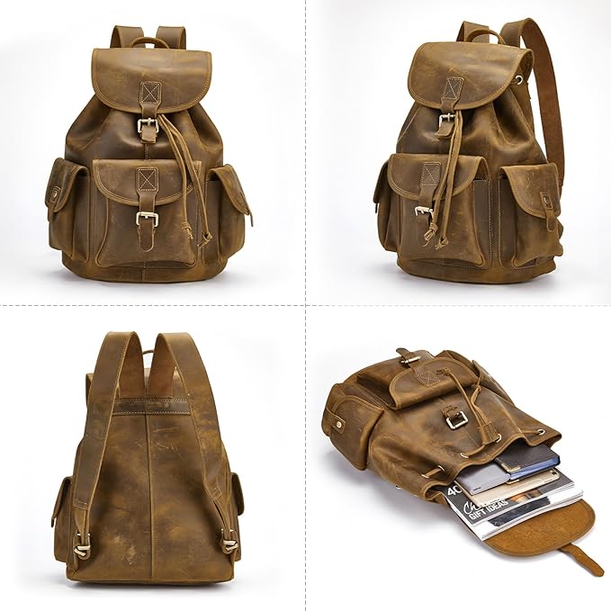 Backpack for Men Women Vintage Crazy Horse Full Leather Travel Daypack 15.6" Laptop Rucksack