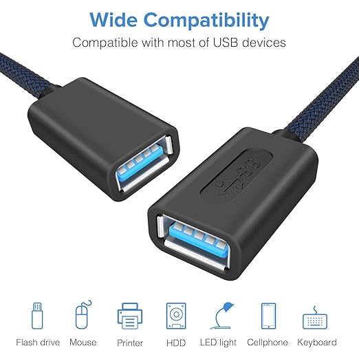 ANDTOBO USB 3.0 Female to Female Extension Cable USB 3.0 Type A Coupler Cord,Navy- 3.3Ft