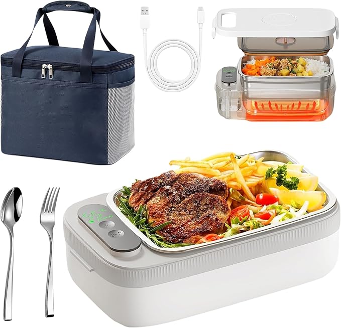 Cordless Electric Lunch Box for Adults, 14000 mA Rechargeable Self Heating Lunch Box with Lunch Bag and Tableware, 1L Protable Food Lunch Warmer for Office Work, Car, Travel, Picnic & Outdoor (White)