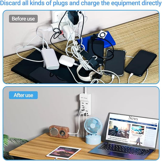 Charging Station - 10-Port USB Charging Hub, Smart Multi-Port Charger, 70.8-Inch Extension Cable, Compatible with Various Devices, Phones, Cameras, Bluetooth Headsets, Tablets, etc. (2 Piece)