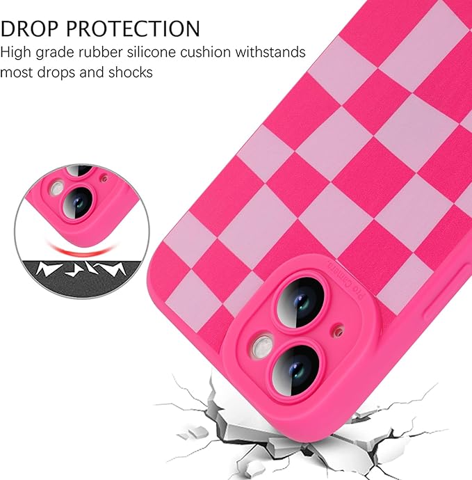 ZIYE for iPhone 15 Plus Case Hot Pink Grids Plaid Checkerboard Pattern Phone Case with Camera Protection,Soft TPU Silicone Rubber Protective Cover Grid Checkered Chess Design Cases