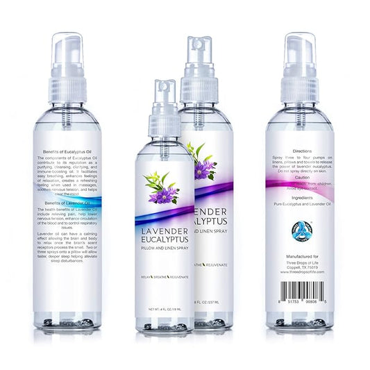 Two Pack Lavender Eucalyptus Pillow and Linen Spray, Best Set for Travel and Home, Strong Essential Oil Mist for Relaxing the Body and Mind (Lavender Eucalyptus, 4oz/8oz)