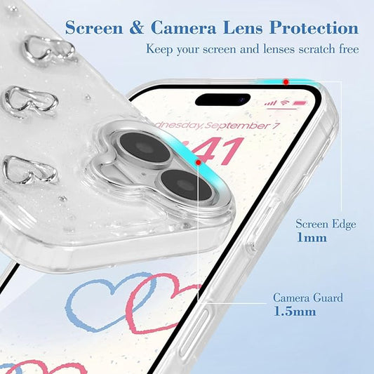 EYZUTAK Case for iPhone 16 Plus, Bling Glitter 3D Hearts Phone Case Cute Sparkly Crystal Clear Heart Aesthetic Design Case Slim Soft Durable TPU Transparent Protective Cover for Women Girls - Heart