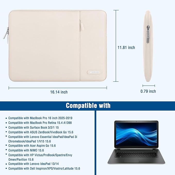 MOSISO Laptop Case 16 inch, 15-15.6 inch Laptop Sleeve Compatible with MacBook Pro 16 M4 M3 M2 M1, HP Acer Dell Lenovo ASUS Notebook, Polyester Vertical Computer Sleeve Bag with Pocket, Sand