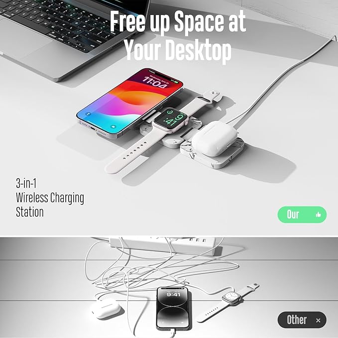 Fast Wireless Charger, Magnetic Foldable 3 in 1 Charging Station for iPhone 17/16/15/14/13/12 Pro/Plus/Pro Max, 5W Portable Charger for Apple Watch9/8/7/6/5/4/SE, for Airpods