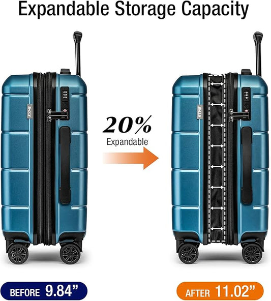 KYME Hardside Expandable Carry On Luggage 22x14x9 Airline Approved 20 Inch Hardshell Carry On Suitcase with Wheels TSA Lock Small Travel Rolling Luggage with Cup Holder for Women Men Lt Blue