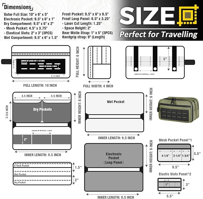 DBTAC Tactical Toiletry Bag w/Electronic Organizer Compartment | Dry/Wet Separate Hygiene Bag, Expanded Travel Dopp Kit Shaving Kit Travel shower Bag for Men (OD Green)