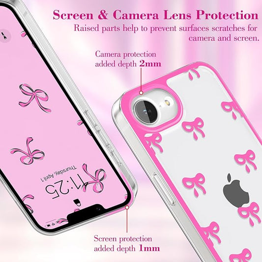 EYZUTAK Case for iPhone 16e, Clear Cute Ribbon Bowknot Pattern Aesthetic Transparent Phone Case Raised Camera Protection Stylish Slim Soft Durable TPU Protective Cover for Women Girls - Rose Red
