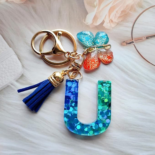 Cute Initial Letter Keychains for Women Girls Tassel Butterfly Pink Purple Green Keychain for Backpack School Bag