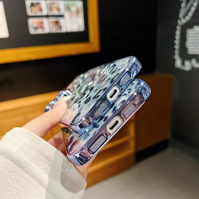 for iPhone 13 Pro Max Case Magnetic,Soft Cute Luxury Leopard Cheetah Pattern Plating Glitter Bling Phone Case Compatible with MagSafe Clear Shockproof Back Cover for Women Girl 6.7"-Blue