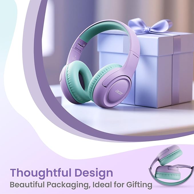 Kids Headphones with Cord for School - Over-Ear 85/94dB Volume Limiter, 3.5mm Jack Foldable Stereo Sound Headset for Toddlers Girls Boy Travel Learning Entertainment Tablet Kindle iPad PC Purple Green