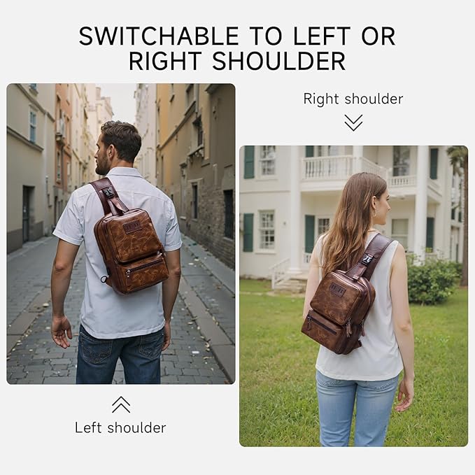 Sling Bag for Men Leather Crossbody Bag with Handgun Holder and USB Charging Port, Vintage Cross Body Pack, 7L Small Casual Daypacks for Travel, Commute, Cycling (Brown)