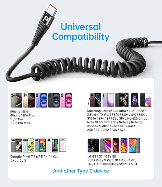 Coiled USB C to C Cable for Car 5FT, USB Type C Charger Cable 100W Short USBC Fast Charging Cable for iPhone 17/16/15/Pro/Plus/Pro Max/Samsung Galaxy S23, Compatible All Type C Devices-Black 2Pack
