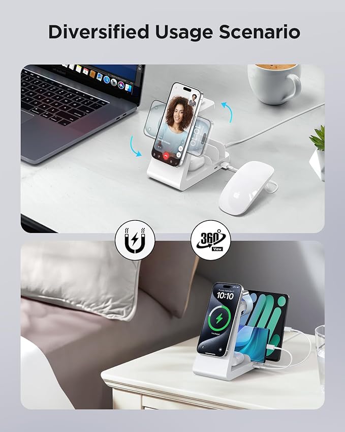 Charging Station for iPhone,5 in 1 Wireless Charger Stand Dock for Apple: Mag-Safe Charging Station for Multiple Devices Apple iPhone 16 15 14 13 12 Pro Max Plus Apple Watch iWatch Magnetic(White)