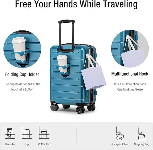 KYME Carry On Luggage 22x14x9 Airline Approved with Cup Holder Hardside Carry On Suitcase with Spinner Wheels TSA Lock Hardshell 22 inch Travel Rolling Luggage for Women Men Blue