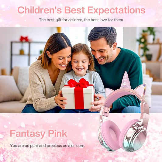 QearFun Kids Unicorn Bluetooth Headphones, 60H Playtime, 74/85/94dB Safe Volume Limit, Metallic Gradient Wireless Headset with Mic, Fast Charging, Foldable, Wired Mode for Girls School/Tablet/Travel