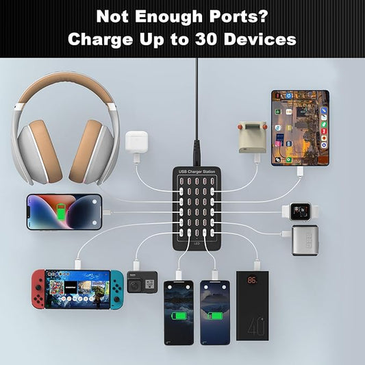 Charging Stations for Multiple Device, 150W 30 Ports Phone Charging Station with Fast Charging, USB Multiple Charging Station for Travel Home Office Party