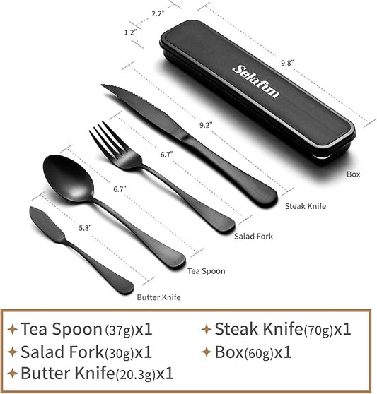 Travel Cutlery Set with Case Portable Silverware Utensils Set,5-pieces Stainless Steel Reusable Flatware Set Cutlery Set for Camping Picnic Hiking Office, Dishwasher Safe (matte black, 5.8)