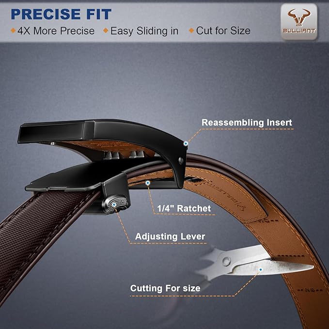 BULLIANT Men Ratchet Belt 2 Pack, Click Sliding Leather Belt Adjustable for Gift Men Dress Casual Jeans 1 3/8,Cut for Fit