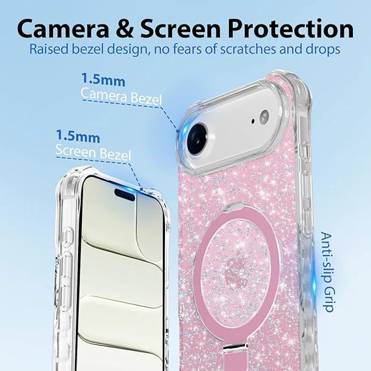 Magnetic for iPhone Air Case with Invisible Stand, Compatible with MagSafe, Clear Bling Sparkle Shockproof Slim Anti-Slip Military Drop Protection Hard Phone Case 6.5" Glitter Pink