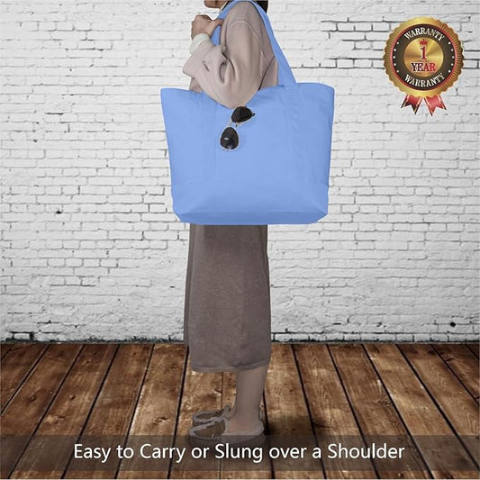 TOPDesign 1-Pack Canvas Tote Bag with an External Pocket, Reusable Grocery Shopping Bag, Top Zipper Closure, Daily Essentials (Light Blue)